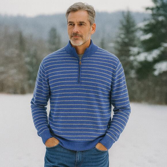 Donald Ross Men's SZ M 100% Merino Wool Blue Gray Striped 1/4 Zip Sweater - Picture 1 of 6